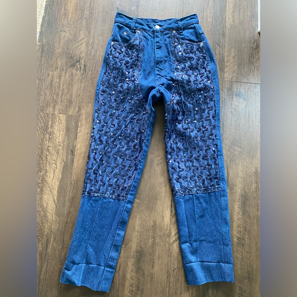 Vintage Panhandle Slim Straight Leg Blue Jean Sequin Chaps size 7/8 high rise